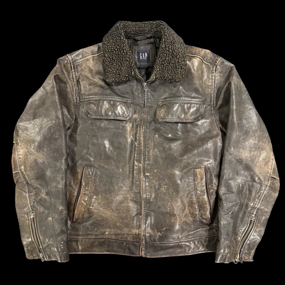 Distressed GAP Leather Jacket Sherpa Collar Grunge Worn Biker Workwear Medium